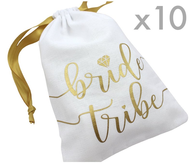 Bachelorette to Bride 10pc Bride Tribe Drawstring Bags w/Satin Ribbon, 7x5â€ - Cotton Pouch for Bridesmaids, Bachelorette, Bridal Party, Bridal Shower, Wedding Favor, Survival Kit, Hangover Kit (10pc Pack, White & Gold) - Image 2